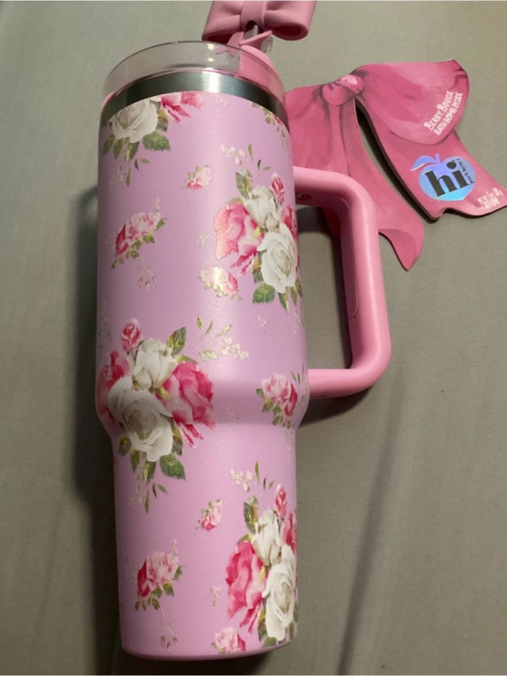 Pink Floral Insulated Travel Mug with Handle 40oz